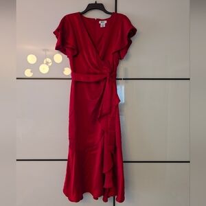 DKNY Vibrant Scarlet Red Ruffle Midi Dress Sz 8